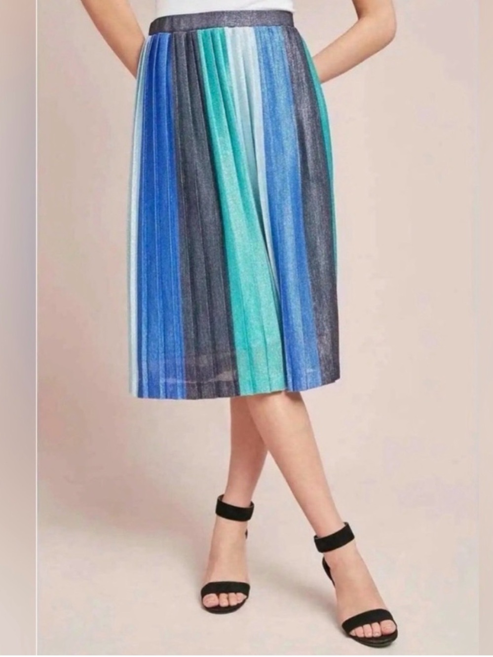 Maeve Anthropologie paneled Metallic Blue Pleated Midi Skirt.